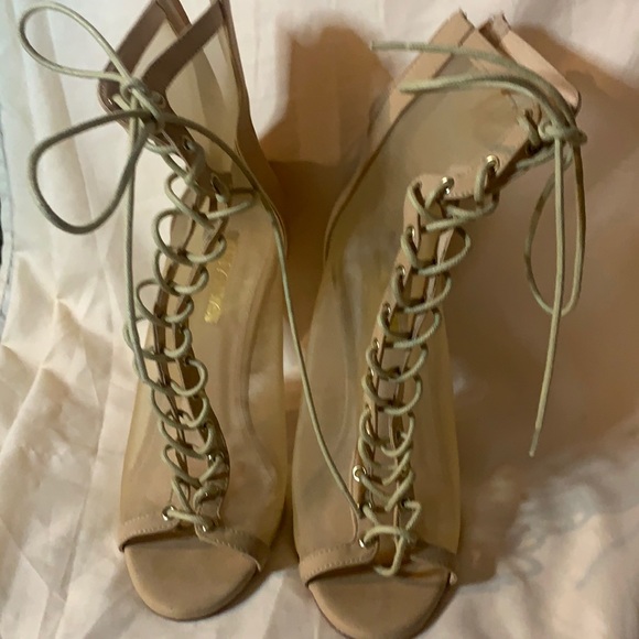Lace-Up Suede Peep-toe Sheer Stilettos - Picture 1 of 5
